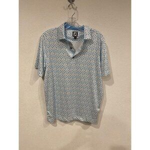 FootJoy Polo Shirt Mens Small Blue White Tropical Print Golf Athletic Fit FJ
